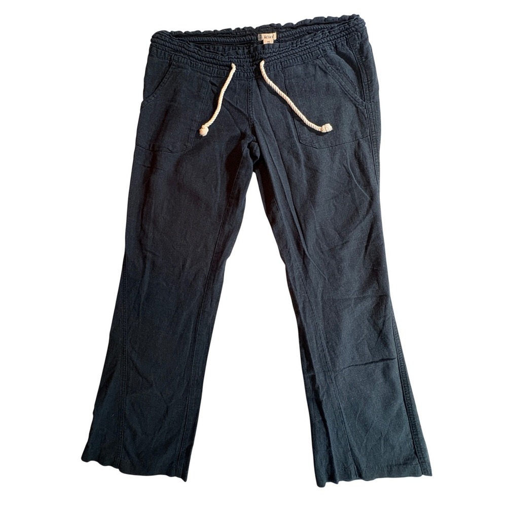 Roxy Linen Blend Beach Pants Womens Small Black Relaxed Wide Leg Summer Lounge